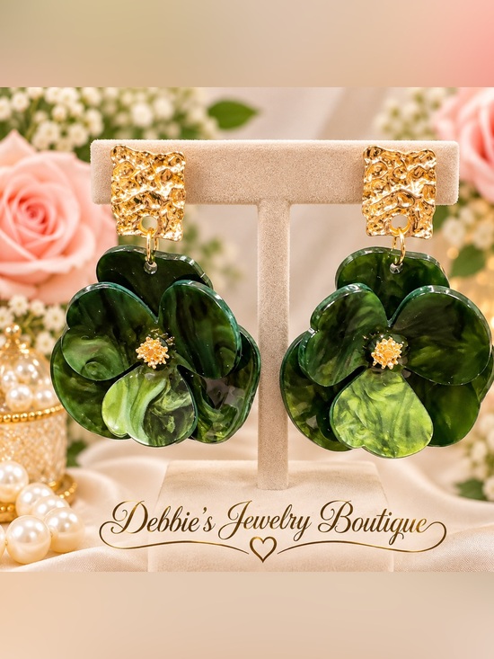 Debbie’s Boutique Jewelry - Green Flower Drop Earrings Gold Tone Floral Statement 2 Inch Dangle
